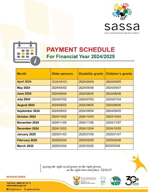 SASSA Payment Schedule for Financial Year 2024/2025